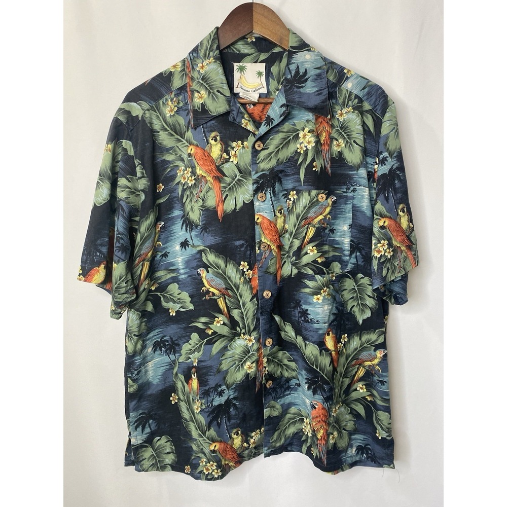 Banana Cabana Mens Shirt Medium Blue Hawaiian Pattern Silk Flowers Tropical Bird